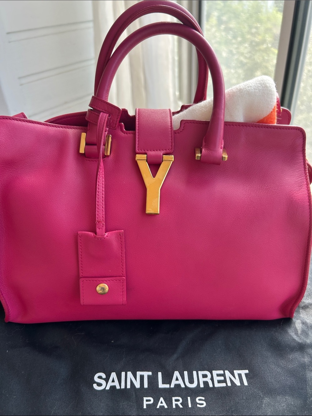 Saint Laurent Fuchsia Leather 'Y' Top-Handle Satchel with Gold Hardware